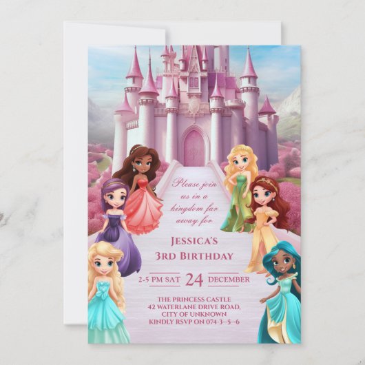 Rosa Princess Castle Royal Girl del Malcantone Einladung (Vorderseite)