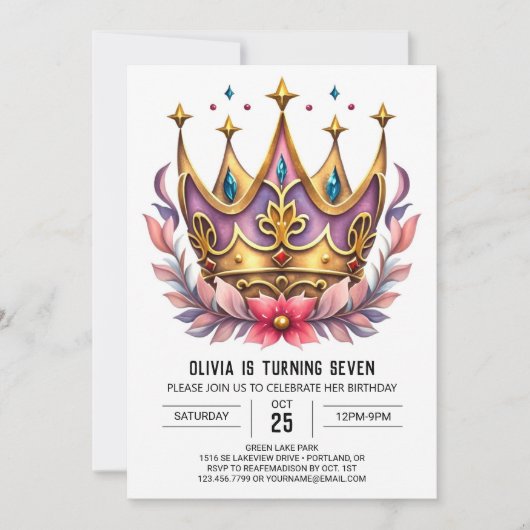 Rosa Princess Crown Geburtstag Einladung (Vorderseite)