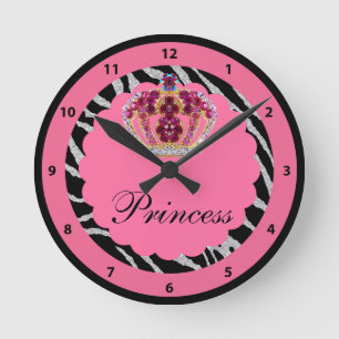 Rosa Prinzessin Bling Crown u. Zebra-Druck-Uhr Runde Wanduhr