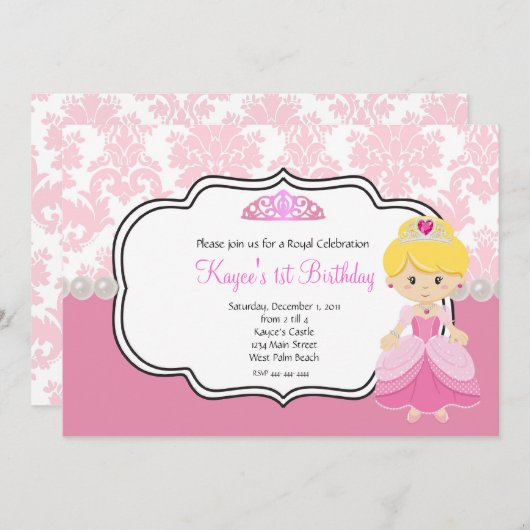 Rosa Prinzessin blonde Haare Damask und Perlen Einladung (Vorne/Hinten)