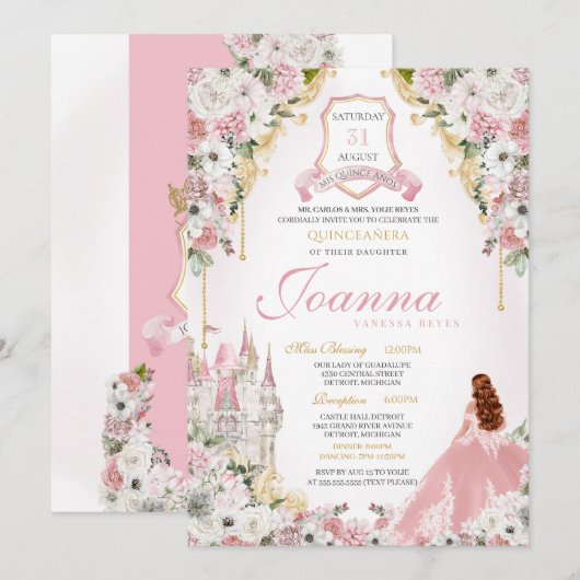 Rosa Prinzessin Blush Einladung (Vorne/Hinten)