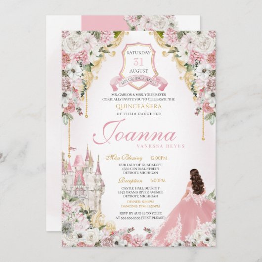 Rosa Prinzessin Blush Einladung (Vorne/Hinten)