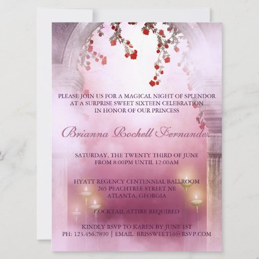 Rosa Prinzessin Carriage Enchanted Sweet 16 Einladung (Rückseite)
