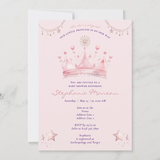 Rosa Prinzessin Celestial Stars Aligned Baby Dusch Einladung (Vorderseite)