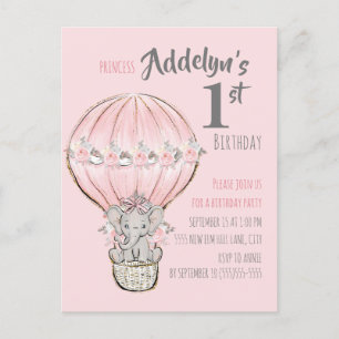 Rosa Prinzessin Elefant Heißluftballon Einladungspostkarte