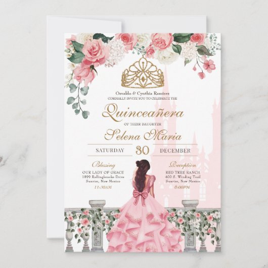 Rosa Prinzessin Fairytale Quinceañera mit Rose Einladung (Vorderseite)