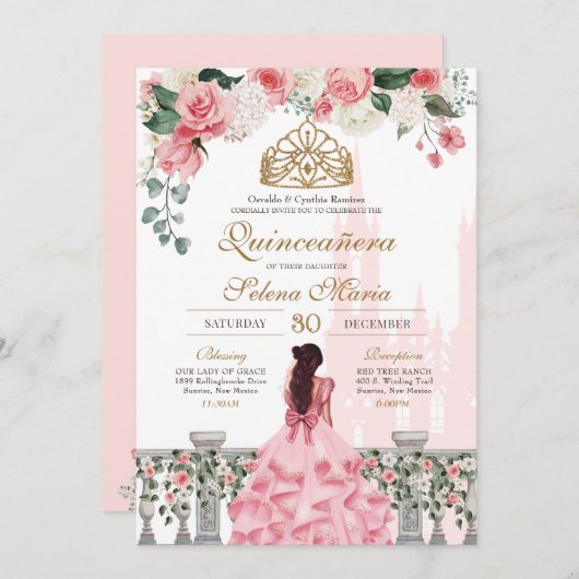 Rosa Prinzessin Fairytale Quinceañera mit Rose Einladung (Vorne/Hinten)