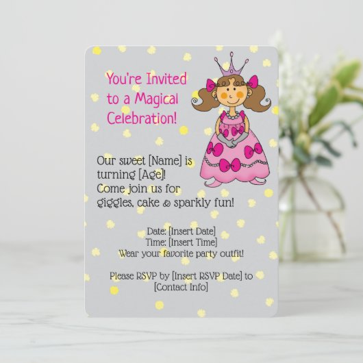 Rosa Prinzessin Geburtstagsparty Einladung (Stehend Vorderseite)