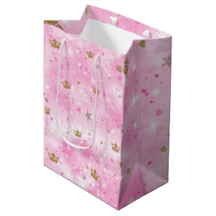 Rosa Prinzessin Herzen Sterne & Kronen Geburtstags Mittlere Geschenktüte