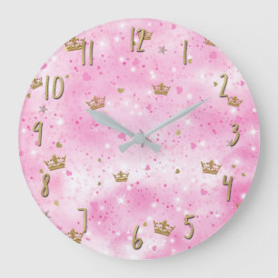 Rosa Prinzessin Herzen Sterne Kronen Glitter Glanz Große Wanduhr