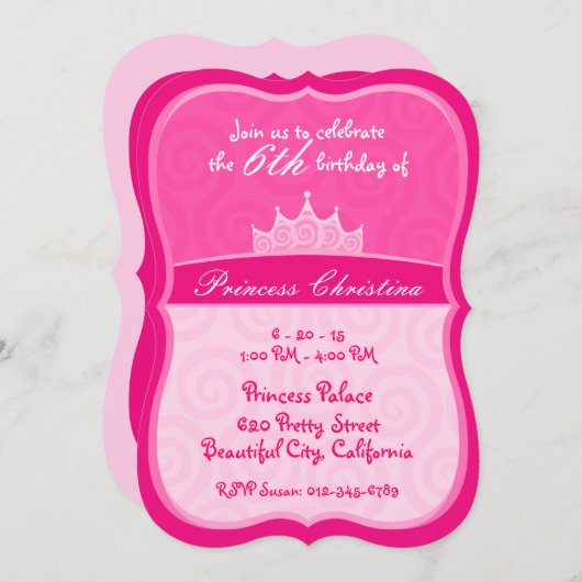 Rosa Prinzessin Kronenspirale Geburtstag Einladung (Vorne/Hinten)