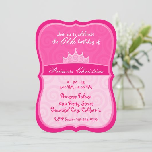 Rosa Prinzessin Kronenspirale Geburtstag Einladung (Stehend Vorderseite)