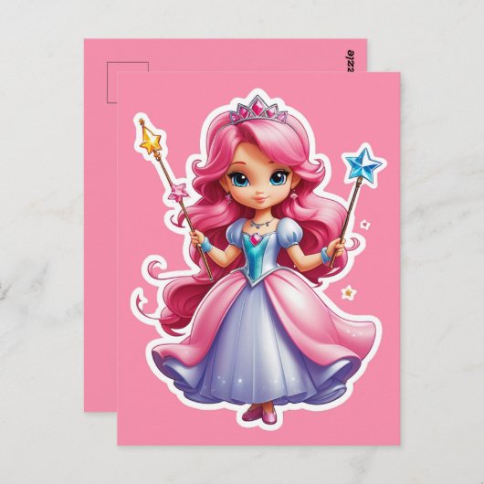 Rosa Prinzessin mit zauberhafter Wand und Tiara Postkarte (Vorne/Hinten)