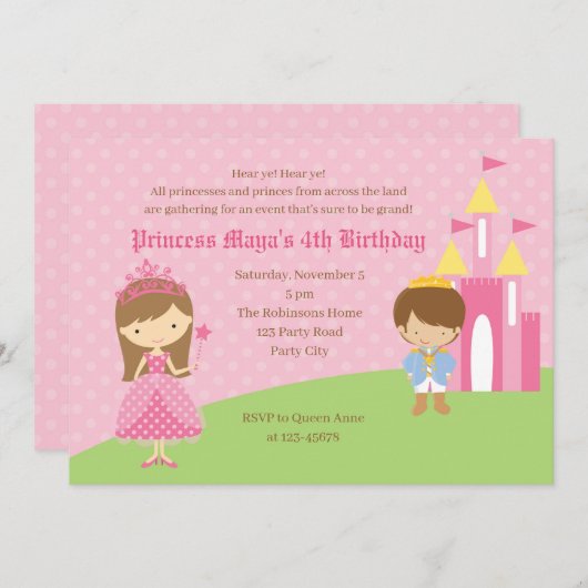 Rosa Prinzessin & Prince Einladung zum Geburtstag (Vorne/Hinten)