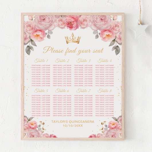Rosa Prinzessin Quinceañera 8 Tische Sitzplan Poster