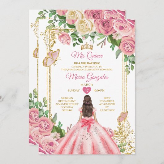 Rosa Prinzessin Quinceañera Butterfly Einladung (Vorne/Hinten)