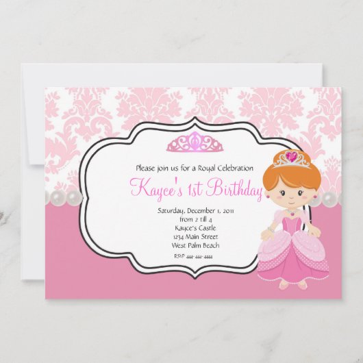 Rosa Prinzessin RothaarDamast und Perlen Einladung (Vorderseite)