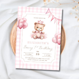 Rosa Prinzessin Teddybär Beary 1. Geburtstag Einladung