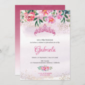 Rosa Prinzessin Tiara Quinceanera Einladung (Vorne/Hinten)