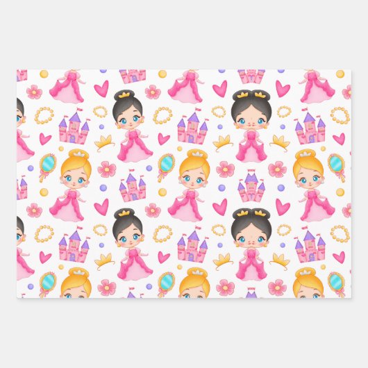 Rosa Prinzessin und Schloss mit Muster Geschenkpapier Set (Vorderseite 2)