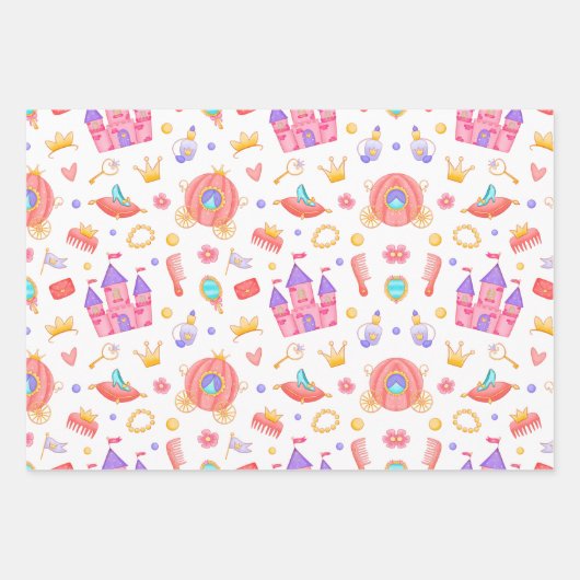 Rosa Prinzessin und Schloss mit Muster Geschenkpapier Set (Vorderseite)