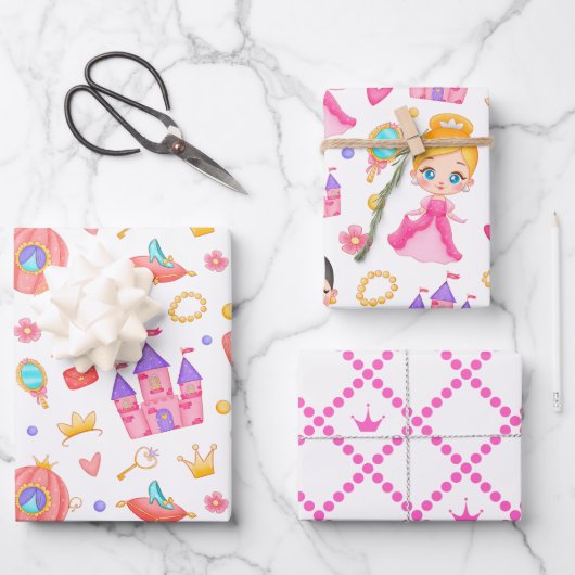 Rosa Prinzessin und Schloss mit Muster Geschenkpapier Set (Vorderseite)