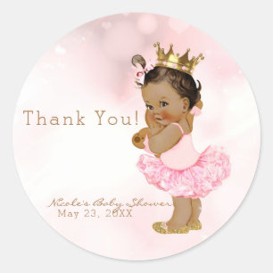 Rosa Prinzessin Vintage Braune Baby Mädchen Shower Runder Aufkleber