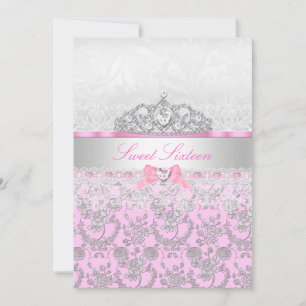Rosa Prinzessinnen-Tiara- & Spitzen-Sweet-16-Einla Einladung