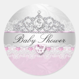 Rosa Prinzessinnen-Tiara- und Spitzen-Baby-Shower- Runder Aufkleber