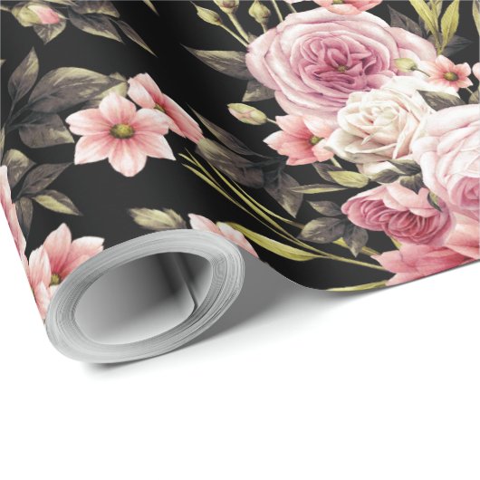 Rosa Profusion - Schwarzer Hintergrund Geschenkpapier (Rolleneckpunkt)