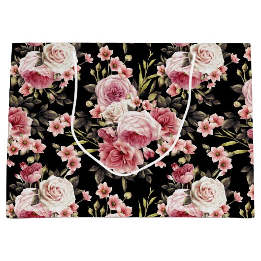 Rosa Profusion - Schwarzer Hintergrund Große Geschenktüte (Vorderseite)