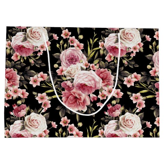 Rosa Profusion - Schwarzer Hintergrund Große Geschenktüte (Rückseite)