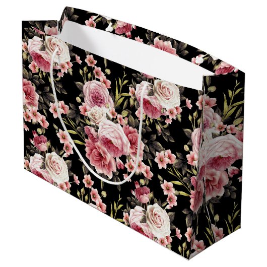 Rosa Profusion - Schwarzer Hintergrund Große Geschenktüte (Rückseite Schrägansicht)