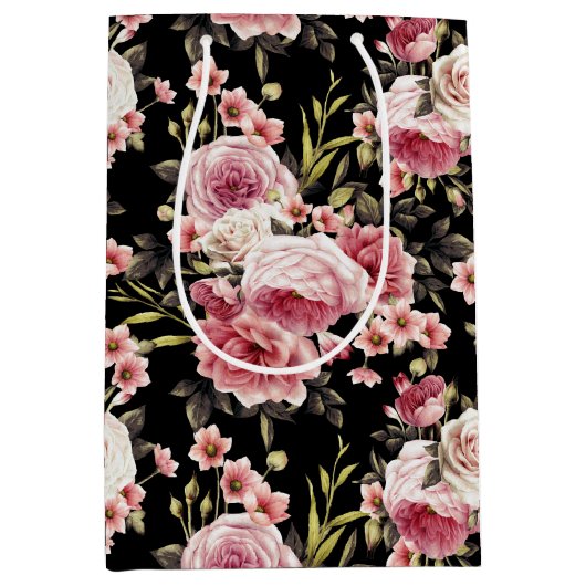 Rosa Profusion - Schwarzer Hintergrund Mittlere Geschenktüte (Vorderseite)