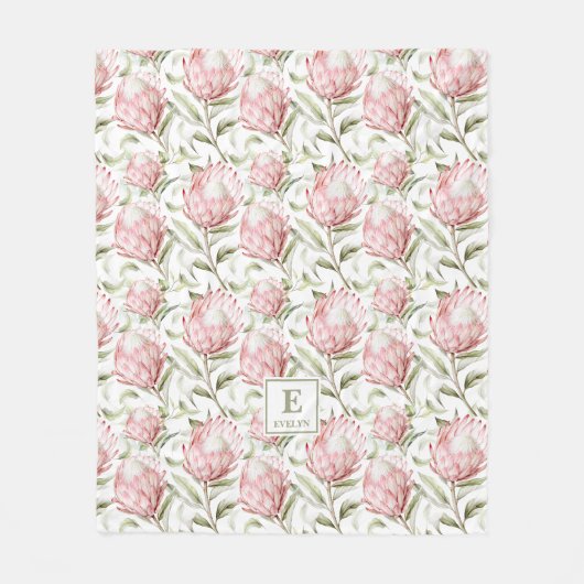 Rosa Protea-Blumen-Monogramm-Fliesblanket Fleecedecke (Vorderseite)