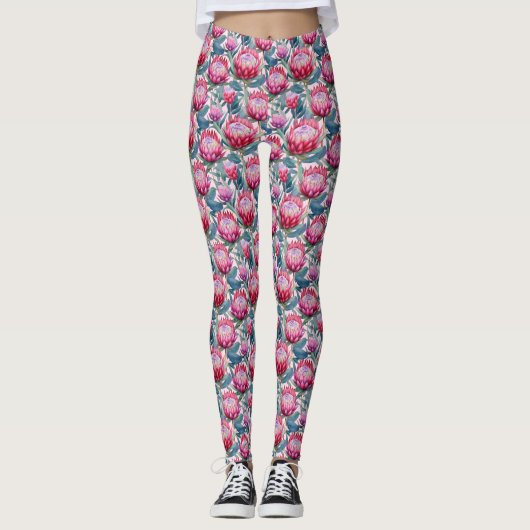 Rosa Protea Grünes Leaf Multiprint-Leggings Leggings (Vorderseite)