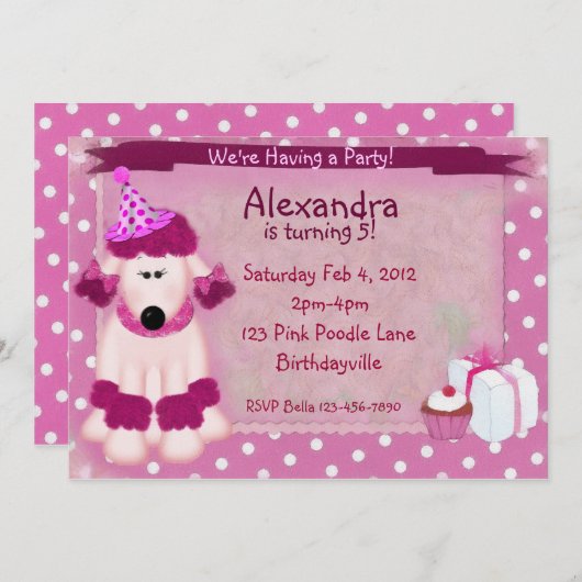 Rosa Pudel-Party Einladung (Vorne/Hinten)