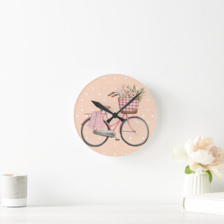 Rosa Punkte-Fahrrad, süße Vintage-Dekoration Runde Wanduhr