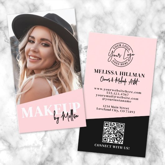 Rosa QR-Code-Foto-Logo-Makeup-Vertikal Visitenkarte