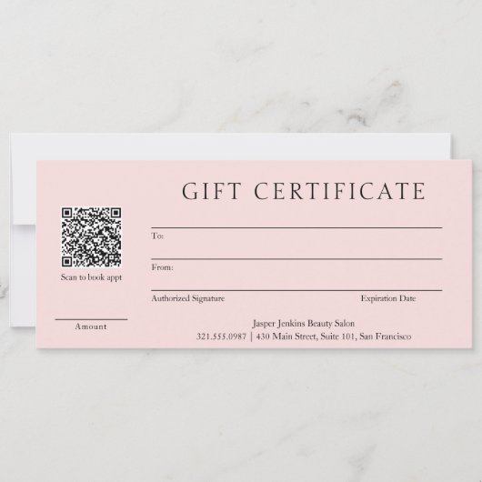 Rosa QR Code Modernes Geschenkgutschein (Vorderseite)