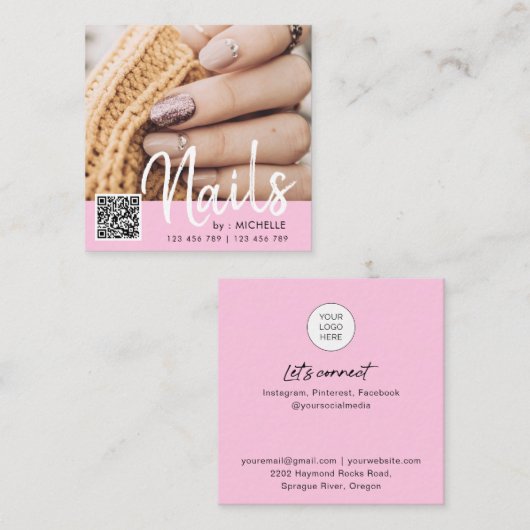 Rosa QR-Code nagelt Foto-Visitenkarten Quadratische Visitenkarte (Vorne/Hinten)