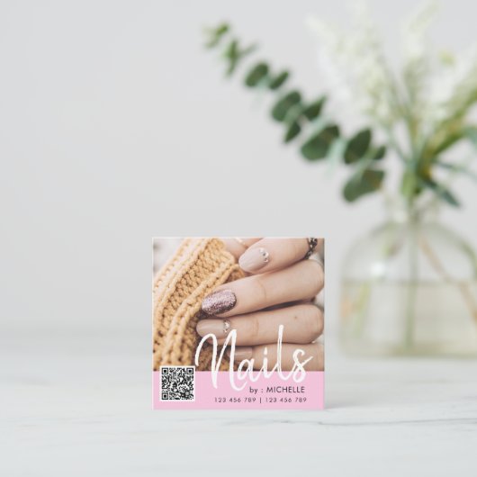 Rosa QR-Code nagelt Foto-Visitenkarten Quadratische Visitenkarte (Stehend Vorderseite)