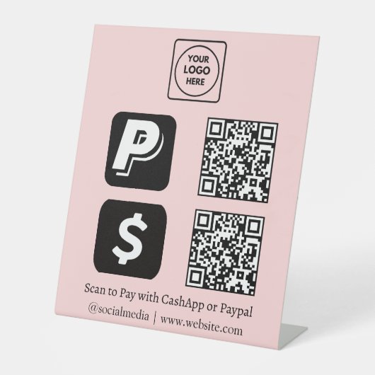 Rosa QR-Code | Scan-to-Pay-Logo von CashApp & PayP Sockelschild (Vorderseite)