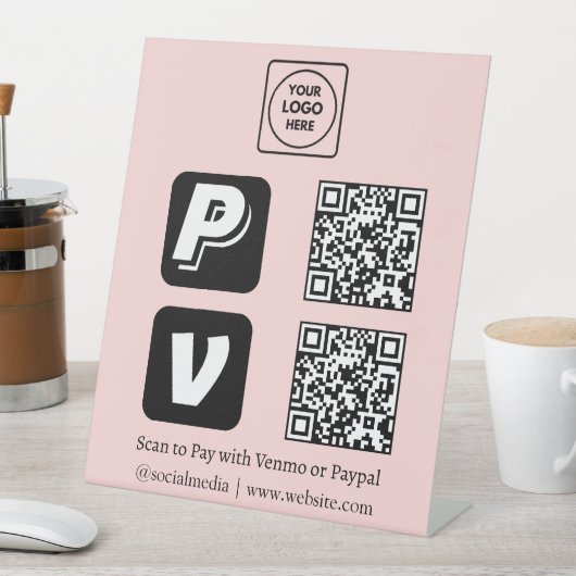 Rosa QR-Code | Venmo-PayPal-Logo "Scan to Pay" Sockelschild (In Situ)