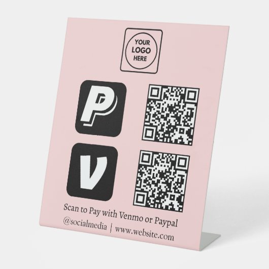 Rosa QR-Code | Venmo-PayPal-Logo "Scan to Pay" Sockelschild (Vorderseite)