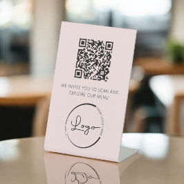 Rosa QR-Code Weißes Menü Logo Modernes Restaurant Sockelschild