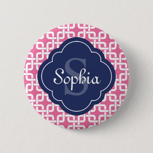 rosa Quadratzenkettenmuster Blaues Monogramm Button (Vorderseite)