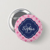 rosa Quadratzenkettenmuster Blaues Monogramm Button (Vorne & Hinten)