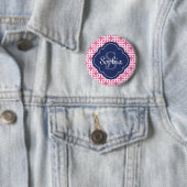rosa Quadratzenkettenmuster Blaues Monogramm Button (Beispiel)