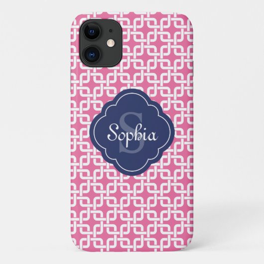 rosa Quadratzenkettenmuster Blaues Monogramm Case-Mate iPhone Hülle (Rückseite)